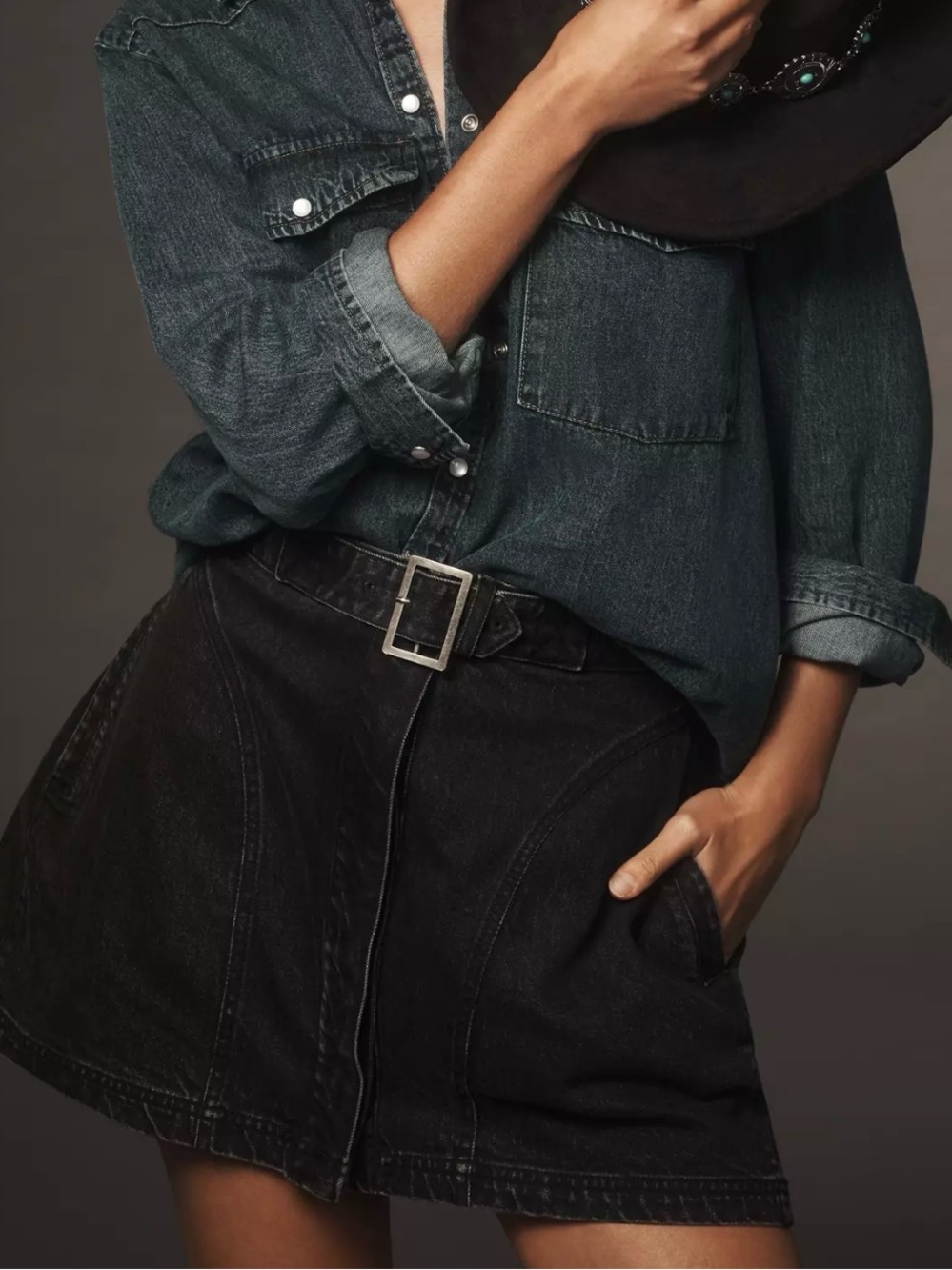 Pilcro Sculpted Denim Mini Skirt Black Belted Front Button Closure Pockets 14